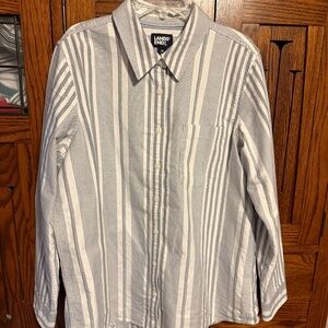 Lands End cotton button down shirt, womens gray and white strip, size Med